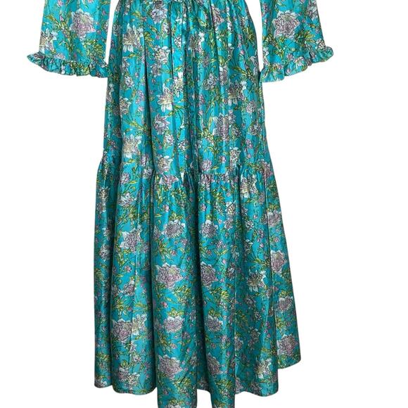 Leaves Of Grass Maxi Dress Sz 38 Medium Silk Hand Embroidered Ruffled Pockets - Picture 6 of 13